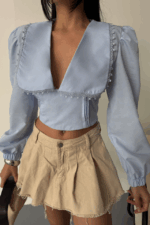 CROP POPLİN GÖMLEK YAKA KENAR DANTEL DETAYLI - Görsel 2