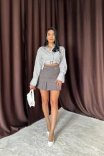 Füme Düğme Detaylı Pileli Etek