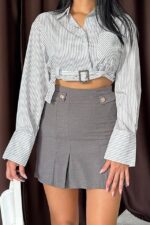 Füme Düğme Detaylı Pileli Etek - Görsel 4