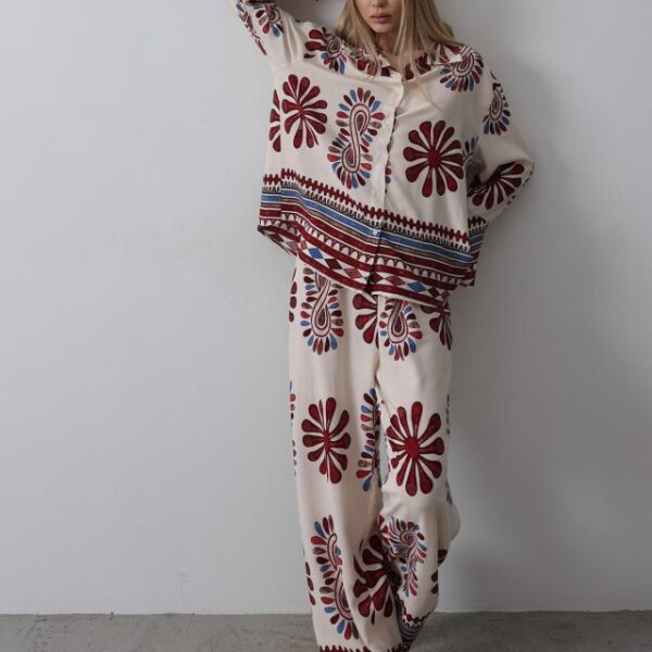 Desenli Kolları Volanlı Pantolon Takım