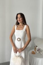 Ekru Kuplu Uzun Elbise - Görsel 4