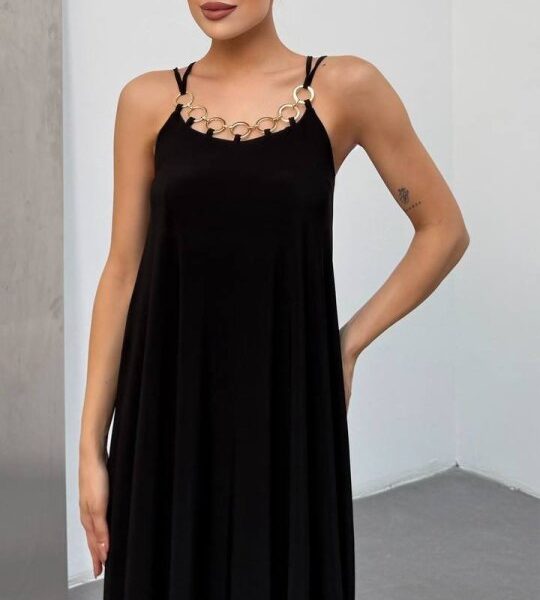 Kadın Omuz Askılı Kuş Gözü Zincir Detay Sandy Kumaş Maxi Boy Elbise