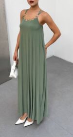 Kadın Omuz Askılı Kuş Gözü Zincir Detay Sandy Kumaş Maxi Boy Elbise - Görsel 2