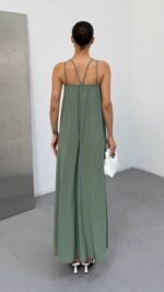 Kadın Omuz Askılı Kuş Gözü Zincir Detay Sandy Kumaş Maxi Boy Elbise - Görsel 7