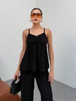 Kadın Siyah Dokulu Askılı Üst Ve Bol Paça Pantolon 2’li Takım - Görsel 2