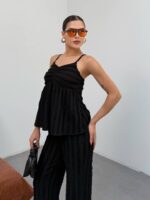 Kadın Siyah Dokulu Askılı Üst Ve Bol Paça Pantolon 2’li Takım - Görsel 3