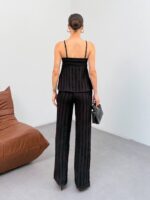 Kadın Siyah Dokulu Askılı Üst Ve Bol Paça Pantolon 2’li Takım - Görsel 5