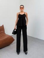 Kadın Siyah Dokulu Askılı Üst Ve Bol Paça Pantolon 2’li Takım - Görsel 6