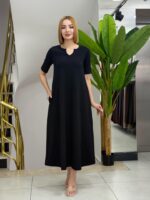 Kadın Kısa Kollu V Yakalı Cep Detaylı Uzun Janjan Krep Elbise