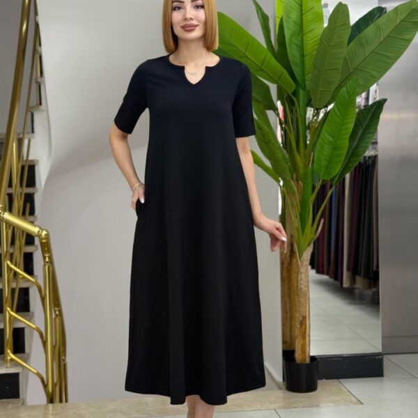 Kadın Kısa Kollu V Yakalı Cep Detaylı Uzun Janjan Krep Elbise