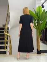 Kadın Kısa Kollu V Yakalı Cep Detaylı Uzun Janjan Krep Elbise - Görsel 3