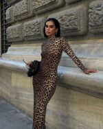 Kadın Uzun Kollu Balıkçı Yaka Gull Likralı Leopar Desen Maxi Boy Elbise - Görsel 6