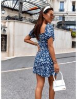 Kadın Kısa Kollu Kalp Yaka çiçek Desenli Krep Elbise - Görsel 3