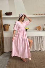 Pembe Müslin Uzun Elbise - Görsel 4