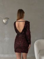 Kadın Uzun Kollu Vatka Detay Full Pul Payet Mini Elbise - Görsel 2