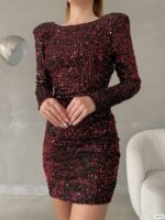 Kadın Uzun Kollu Vatka Detay Full Pul Payet Mini Elbise - Görsel 3