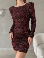 Kadın Uzun Kollu Vatka Detay Full Pul Payet Mini Elbise - Görsel 4