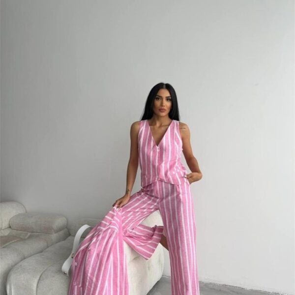 ÇİZGİLİ KETEN YELEK-PANTOLON TAKIM