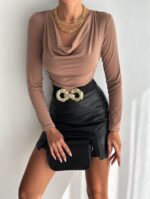 Kadın Sandy Kumaş Degaje Yaka Uzun Kollu Bluz - Görsel 4