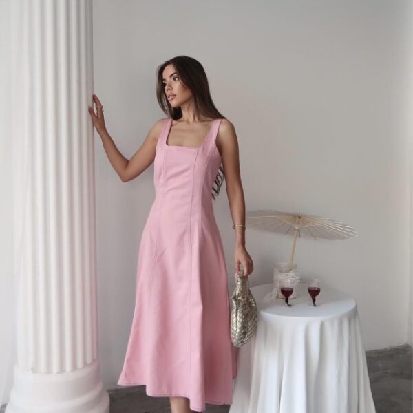 Pembe Çift Dikişli Gabardin Elbise