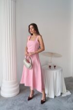 Pembe Çift Dikişli Gabardin Elbise - Görsel 3