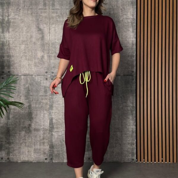 Kadın Kısa Kollu Bisiklet Yaka Viskon Iki Iplik Bluz Ve Pantolon Ikili Takım