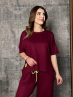 Kadın Kısa Kollu Bisiklet Yaka Viskon Iki Iplik Bluz Ve Pantolon Ikili Takım - Görsel 4