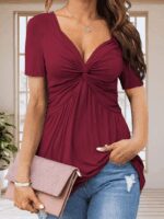 Kadın Kısa Kollu önü Düğüm Detay Viskon Bluz