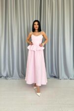 Pembe Beli Büzgülü İnci Askılı Uzun Elbise