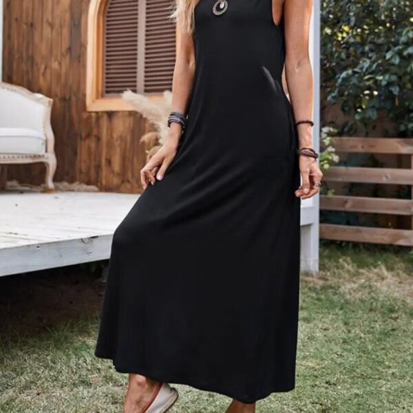 Kadın Ip Askılı Derin Geniş V Yakalı Uzun Viskon Elbise