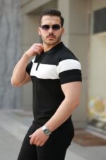 Erkek Fermuar Yakalı şerit Renk Desenli Kısa Kollu Tişört - Görsel 2