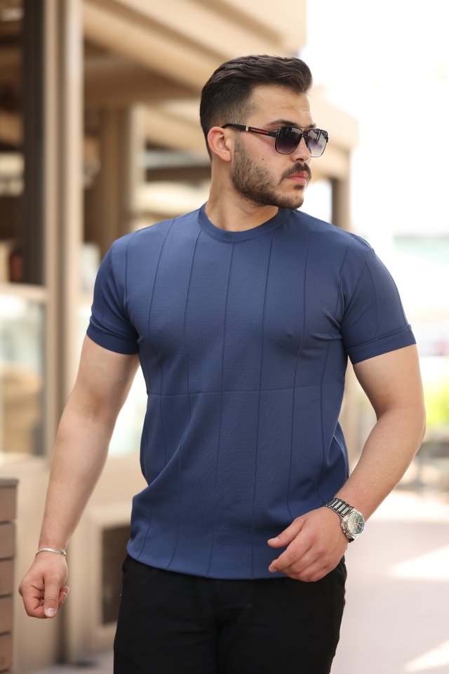 33ece192e9ee26d1d12d5cdb6bda57a8_38554-0.jpg Erkek Ince çizgi Dokulu Bisiklet Yaka Kısa Kollu T-shirt - Görsel 1