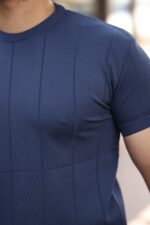 Erkek Ince çizgi Dokulu Bisiklet Yaka Kısa Kollu T-shirt - Görsel 3