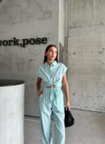 ÇİZGİLİ KETEN KOLSUZ CROP PANTOLON TAKIM