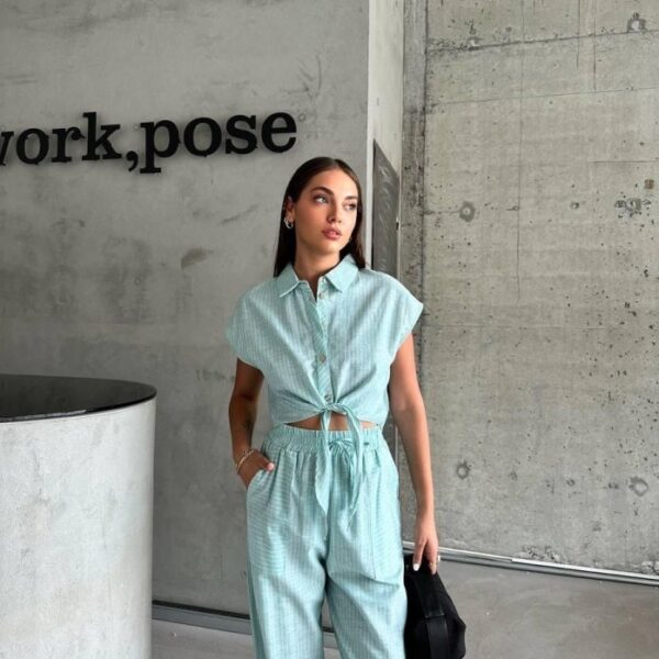 ÇİZGİLİ KETEN KOLSUZ CROP PANTOLON TAKIM