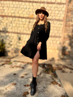 Kadın Uzun Kollu Kare Yaka Düğmeli Kısa şardonlu Iki Iplik Mini Elbise - Görsel 5