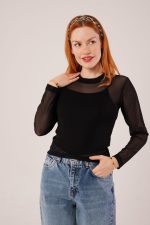Transparan Siyah Tül Basic Bluz - Görsel 4
