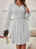 Kadın Uzun Kollu Bisiklet Yaka Beli Lastikli şardonlu Kaşkorse Mini Elbise - Görsel 3