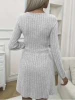 Kadın Uzun Kollu Bisiklet Yaka Beli Lastikli şardonlu Kaşkorse Mini Elbise - Görsel 4