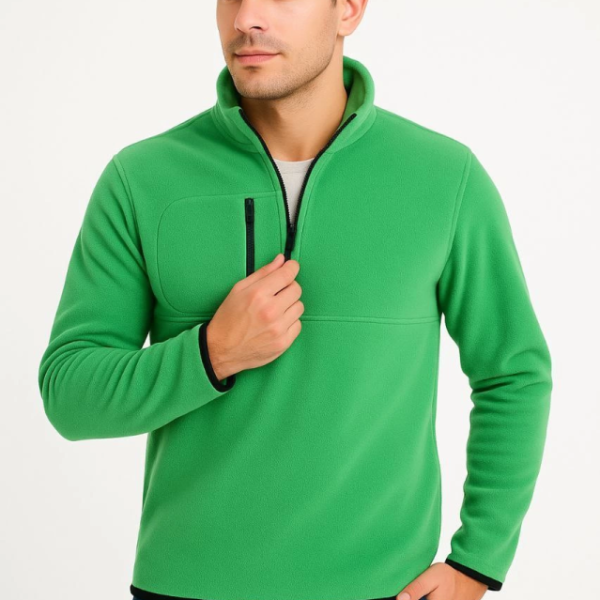 Erkek Polar Kazak – Dik Yaka, Yarım Fermuarlı, Fermuarlı Göğüs Cepli, Siyah Biyeli, Kışlık Rahat Regular Fit Günlük Model