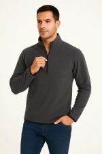 Erkek Polar Kazak – Dik Yaka, Yarım Fermuarlı, Fermuarlı Göğüs Cepli, Siyah Biyeli, Kışlık Rahat Regular Fit Günlük Model