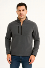 Erkek Polar Kazak – Dik Yaka, Yarım Fermuarlı, Fermuarlı Göğüs Cepli, Siyah Biyeli, Kışlık Rahat Regular Fit Günlük Model - Görsel 2