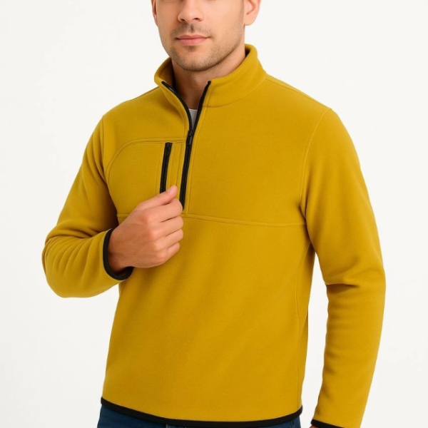 Erkek Polar Kazak – Dik Yaka, Yarım Fermuarlı, Fermuarlı Göğüs Cepli, Siyah Biyeli, Kışlık Rahat Regular Fit Günlük Model