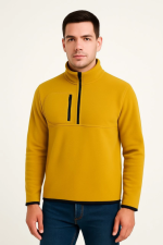 Erkek Polar Kazak – Dik Yaka, Yarım Fermuarlı, Fermuarlı Göğüs Cepli, Siyah Biyeli, Kışlık Rahat Regular Fit Günlük Model - Görsel 3