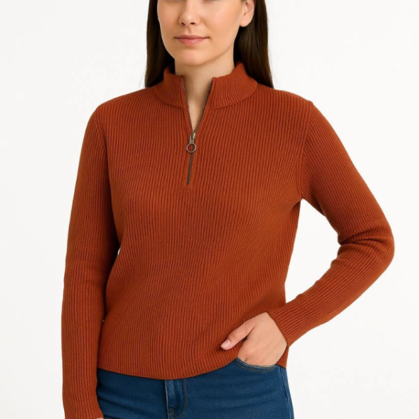 KADIN Yarım Fermuarlı Triko Kazak – Selanik Örgü, Dik Yaka, Pamuklu Dokuma, Oversize Uzun Kollu Kışlık Model