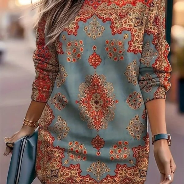 Kadın Uzun Kollu Yuvarlak Yaka Desenli Mini Modal Elbise