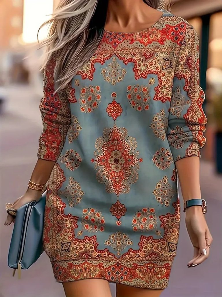 33ece192e9ee26d1d12d5cdb6bda57a8_41237-0.jpeg Kadın Uzun Kollu Yuvarlak Yaka Desenli Mini Modal Elbise - Görsel 1