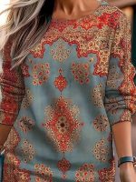 Kadın Uzun Kollu Yuvarlak Yaka Desenli Mini Modal Elbise - Görsel 2