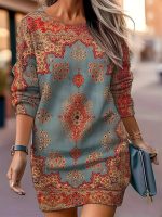 Kadın Uzun Kollu Yuvarlak Yaka Desenli Mini Modal Elbise - Görsel 3