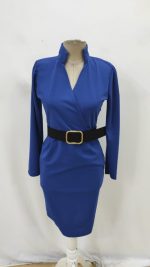 Kadın Uzun Kollu Hakim Yaka Beli Kemerli Cepli Midi Ithal Krep Elbise - Görsel 4